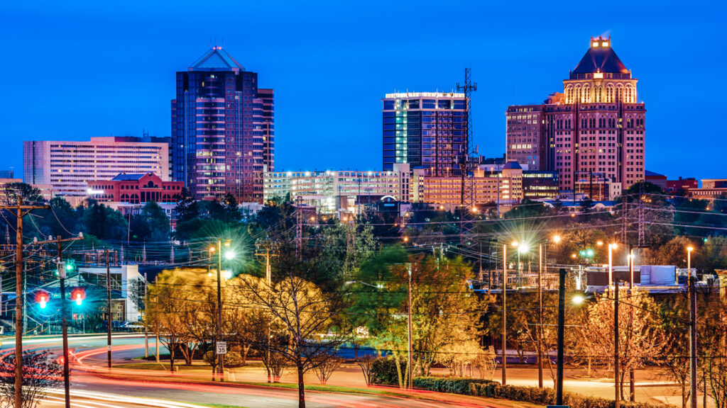 Buildings in Greensboro at night