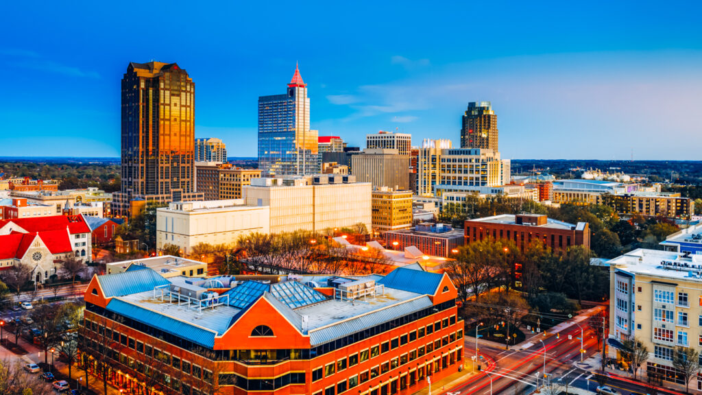 Buildings in Raleigh at night