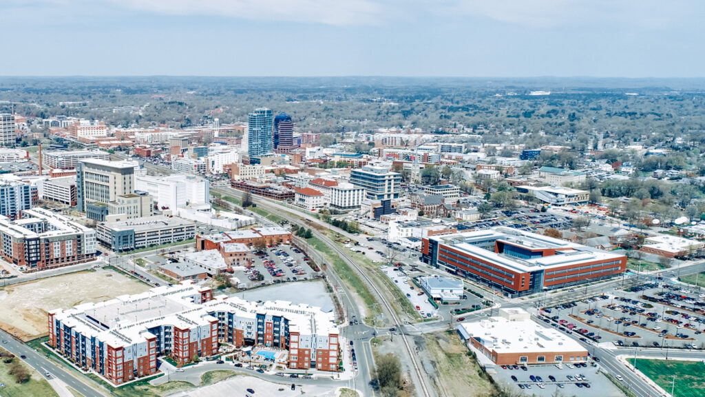 View of buildings in Durham, including Bull City Burger and Brewery, which is one of the best breweries in Durham