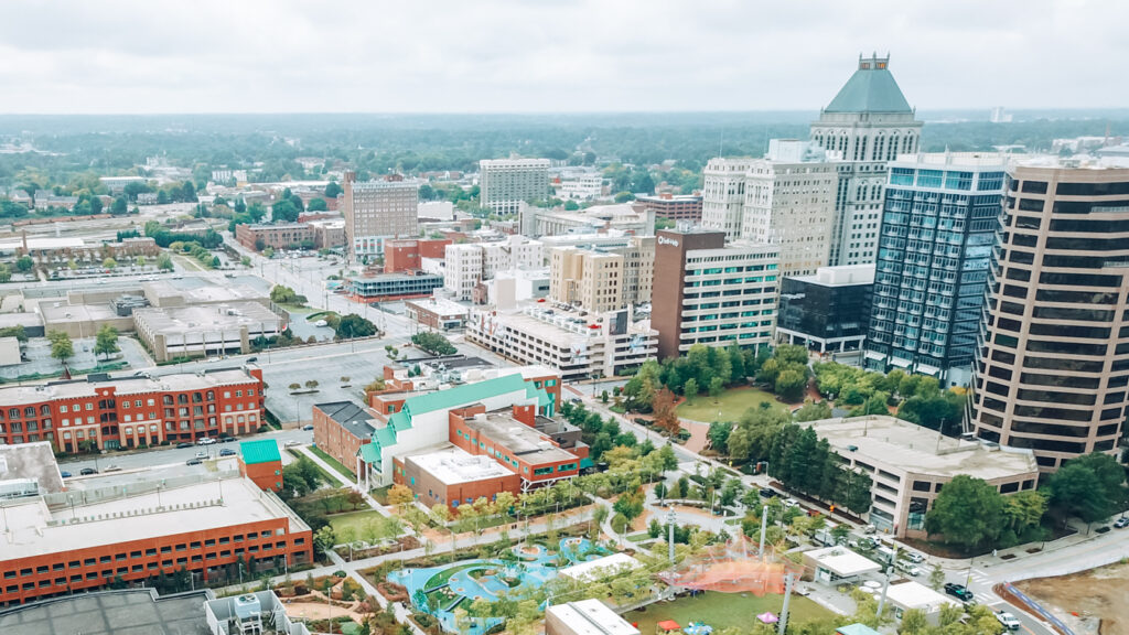 View of buildings in Greensboro, including Natty Greene's Downtown, Little Brother Brewing, and SouthEnd Brewing Co, which are some of the best breweries in Greensboro