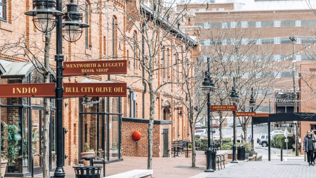 Brightleaf Square on which Clouds Brewing Brightleaf Square is located, which is one of the places with great burgers in Durham, NC
